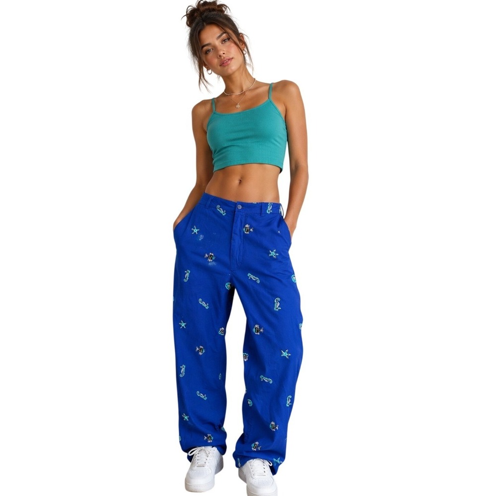 Vintage Goode‎ Impressions Women's Cotton Blend Sea Life Embroidered Fish Pants